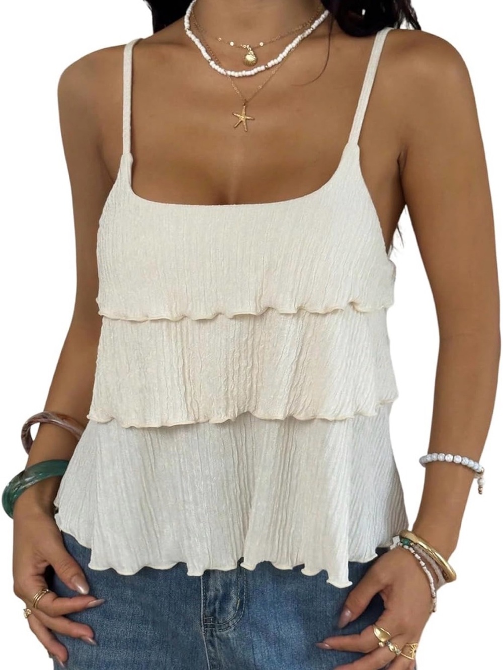 Women’s Cream Tiered Ruffle Tank Top